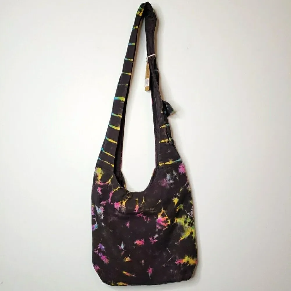 Tie Dye Crossbody Hobo Bag Rainbow Spiral Fabric Festival Purse Handmade Nepal - Picture 3 of 13